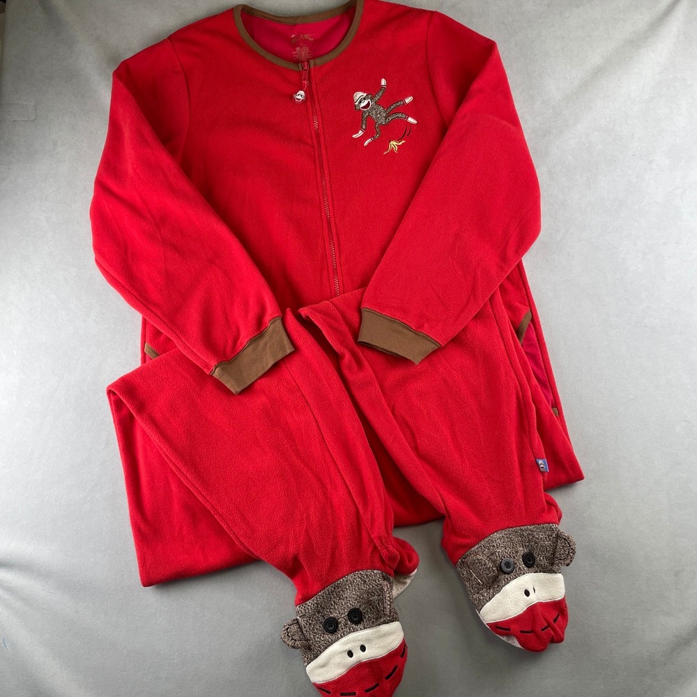 Nick & Nora Monkey Fleece Adult Pajamas Pockets Zip Red Animal Sleepwear Large